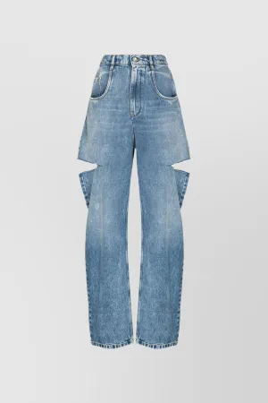 5-pocket tapered wide leg cut out denim trousers in light blue