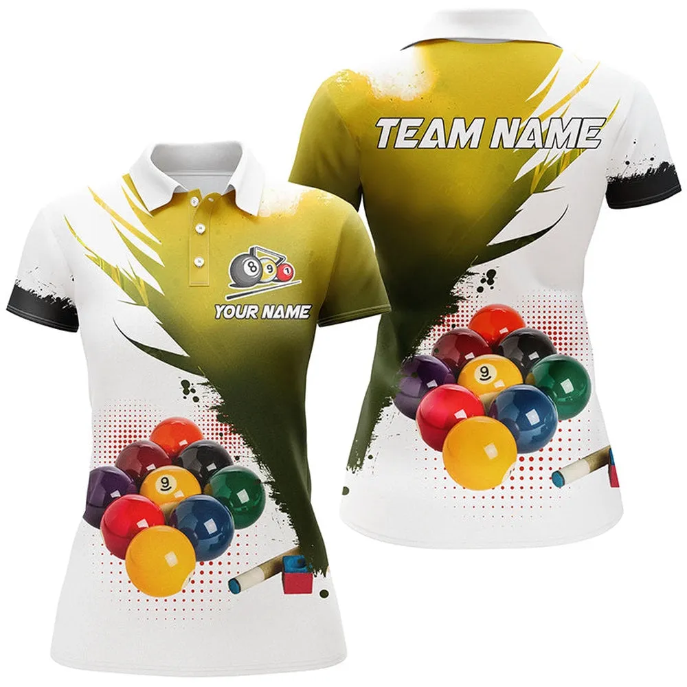 3D 9 Ball Pool Billiard Jerseys Women Polo & Quarter Zip Jersey Custom Billiard Team Shirts Yellow, Short Sleeve Jersey For Women