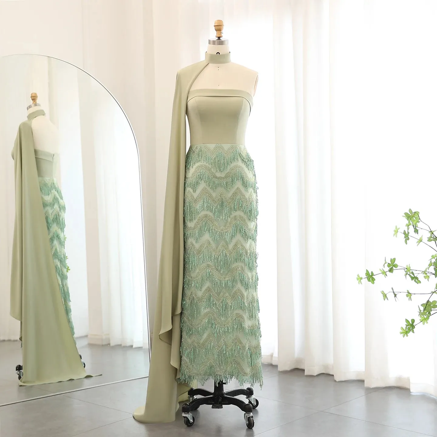 Arabic Turquoise Blue Tassel Evening Dress with Cape Sleeves Elegant Sage Gree Dubai Women Wedding Party Gowns