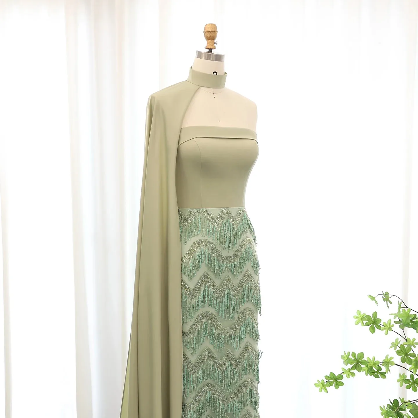 Arabic Turquoise Blue Tassel Evening Dress with Cape Sleeves Elegant Sage Gree Dubai Women Wedding Party Gowns