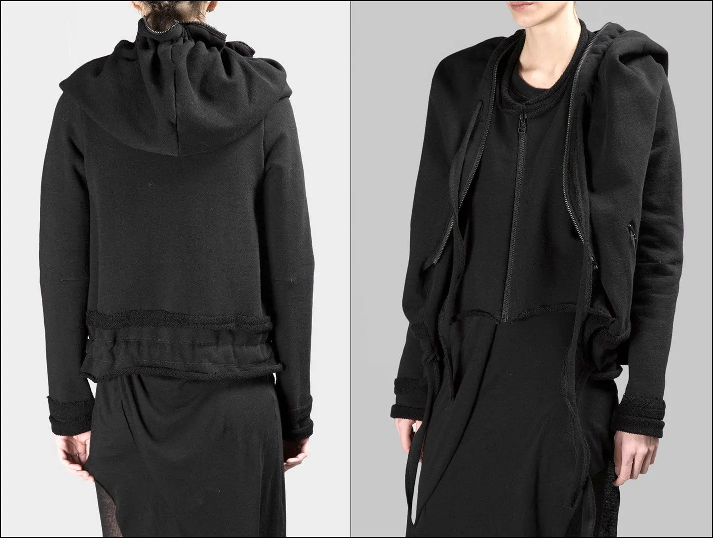 Asymmetric Raw Cut Cropped Double Look Hoodie, Full Zip Top -BB124