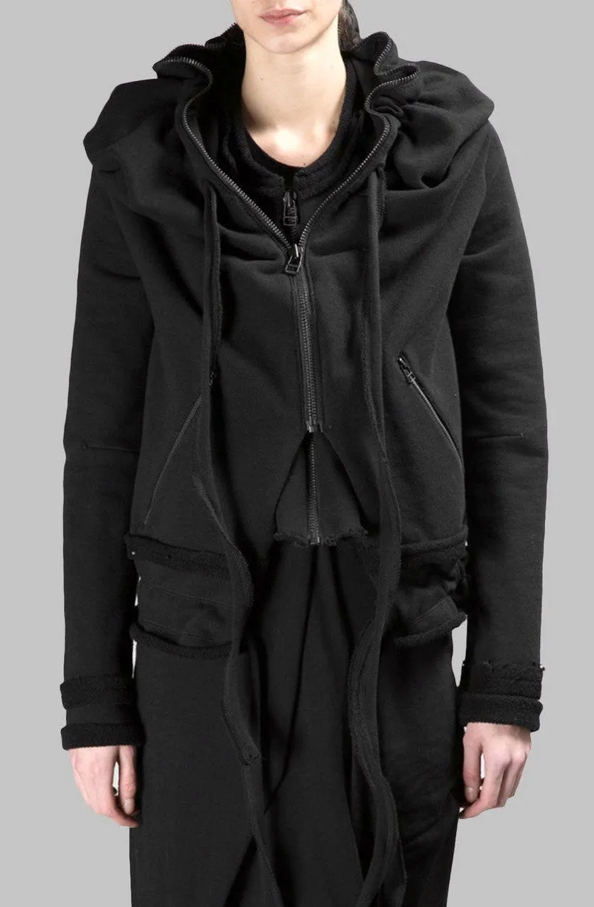 Asymmetric Raw Cut Cropped Double Look Hoodie, Full Zip Top -BB124