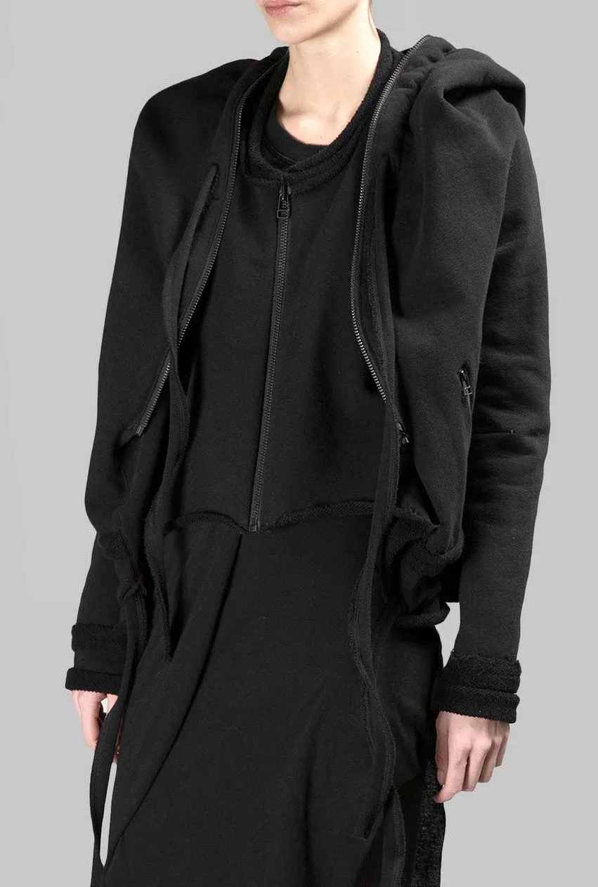 Asymmetric Raw Cut Cropped Double Look Hoodie, Full Zip Top -BB124