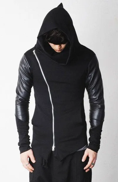 Asymmetric Zip Cowl Zip-up Hooded Leather Mix Jersey Jacket