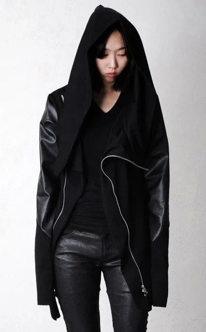 Asymmetric Zip Cowl Zip-up Hooded Leather Mix Jersey Jacket