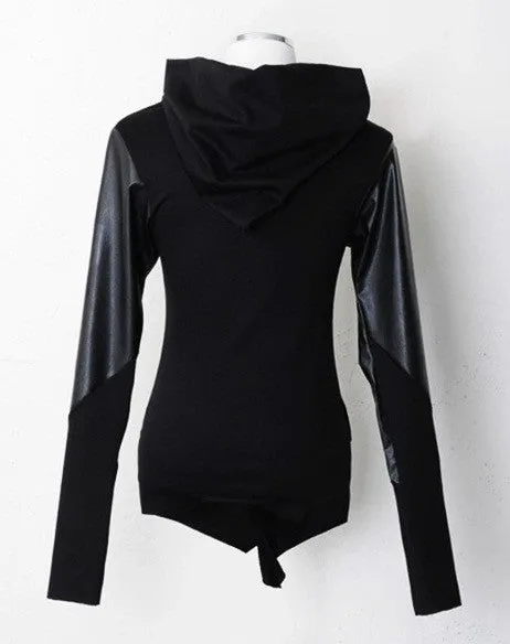 Asymmetric Zip Cowl Zip-up Hooded Leather Mix Jersey Jacket