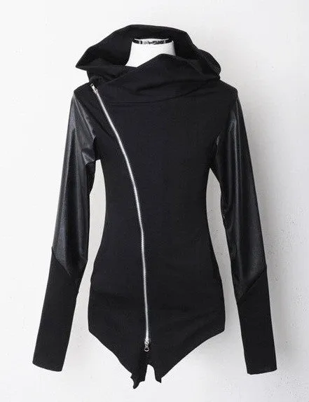 Asymmetric Zip Cowl Zip-up Hooded Leather Mix Jersey Jacket