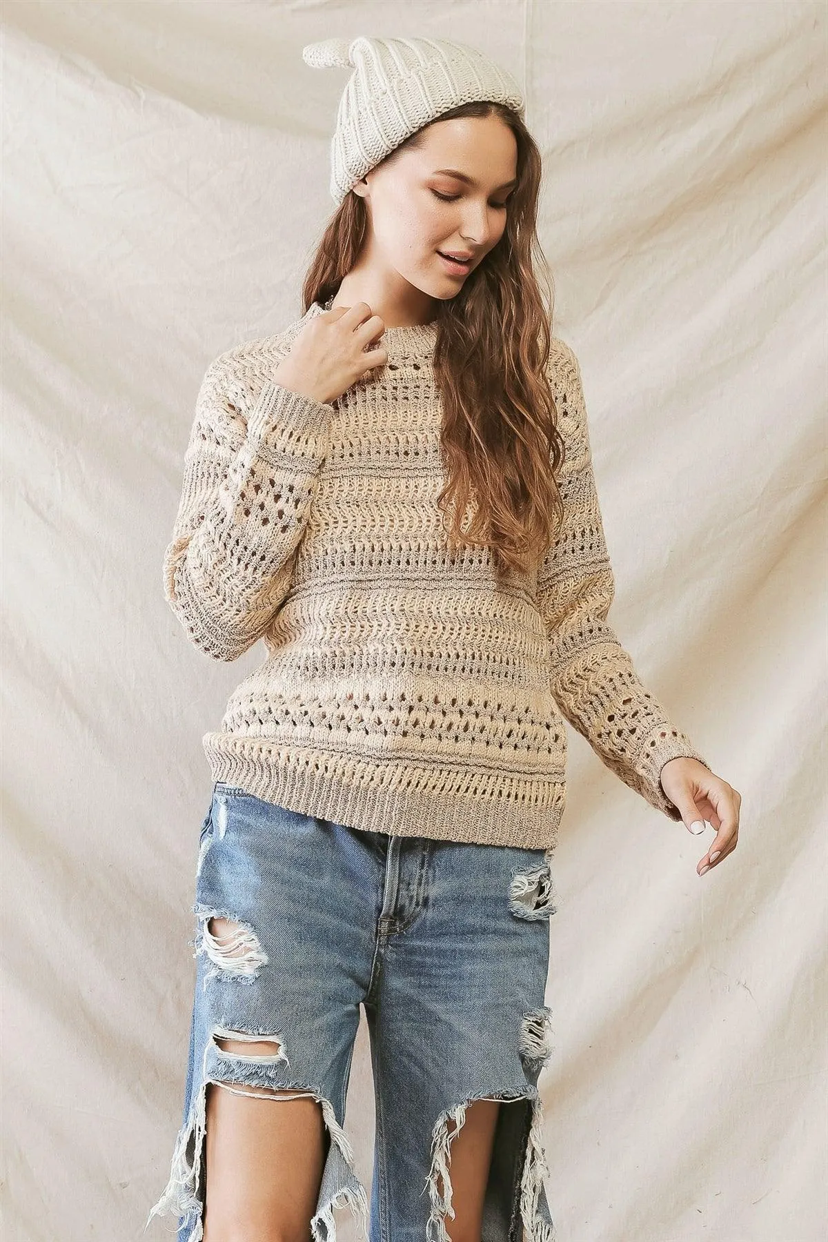 Beige Knit Crew Neck Long Sleeve Sweater /3-2-1