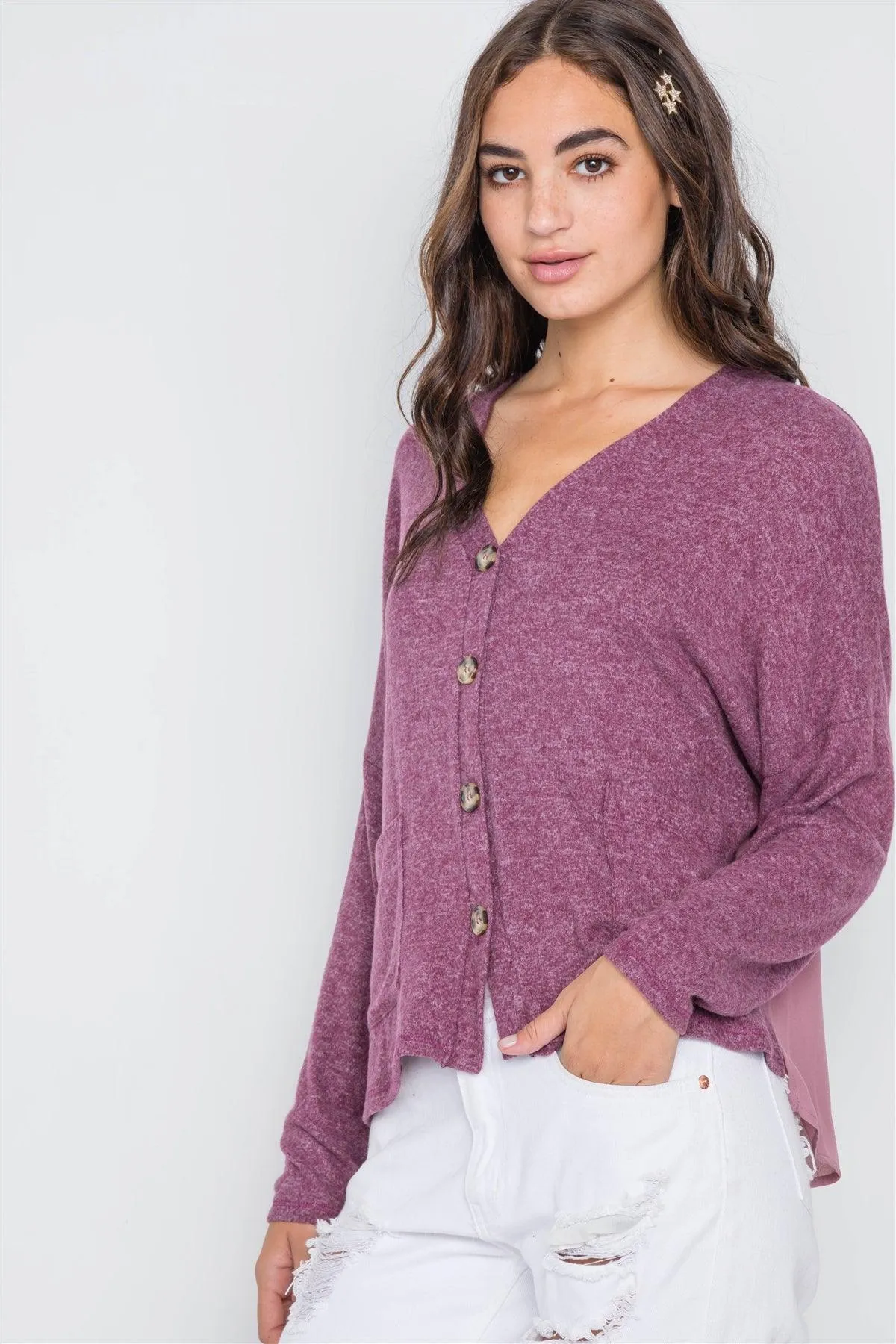 Berry Long Sleeve Knit Button-Front Combo Cardigan /2-2-1