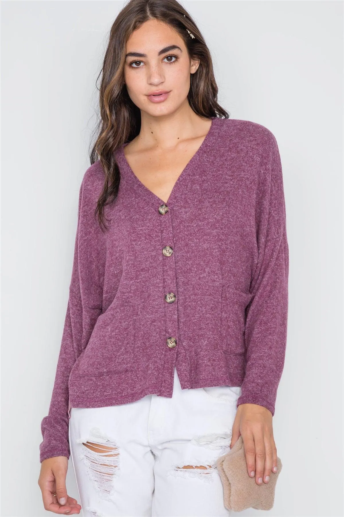 Berry Long Sleeve Knit Button-Front Combo Cardigan /2-2-1