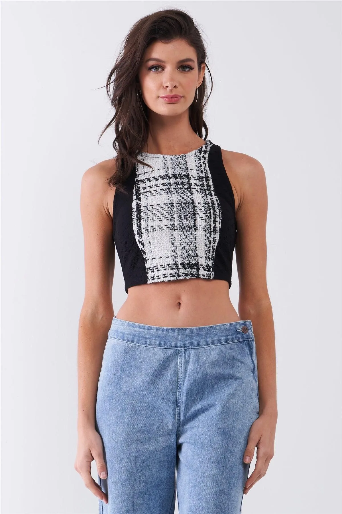 Black & White Sleeveless Glitter Plaid Front Trim Detail Crew Neck Crop Top /1-2-2-1