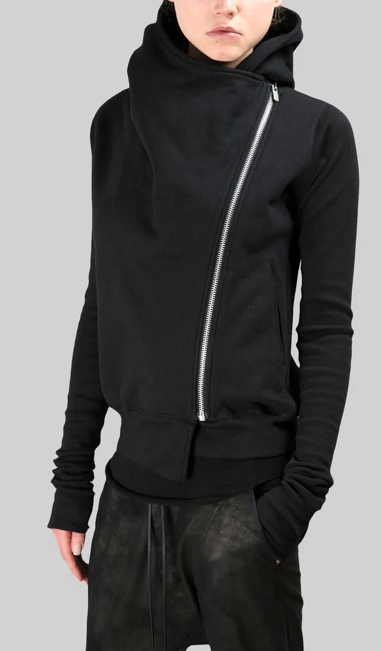 Black Assimetric Zip Collar Comb / Fleece Hood Sweatshirt Hoodie Dark