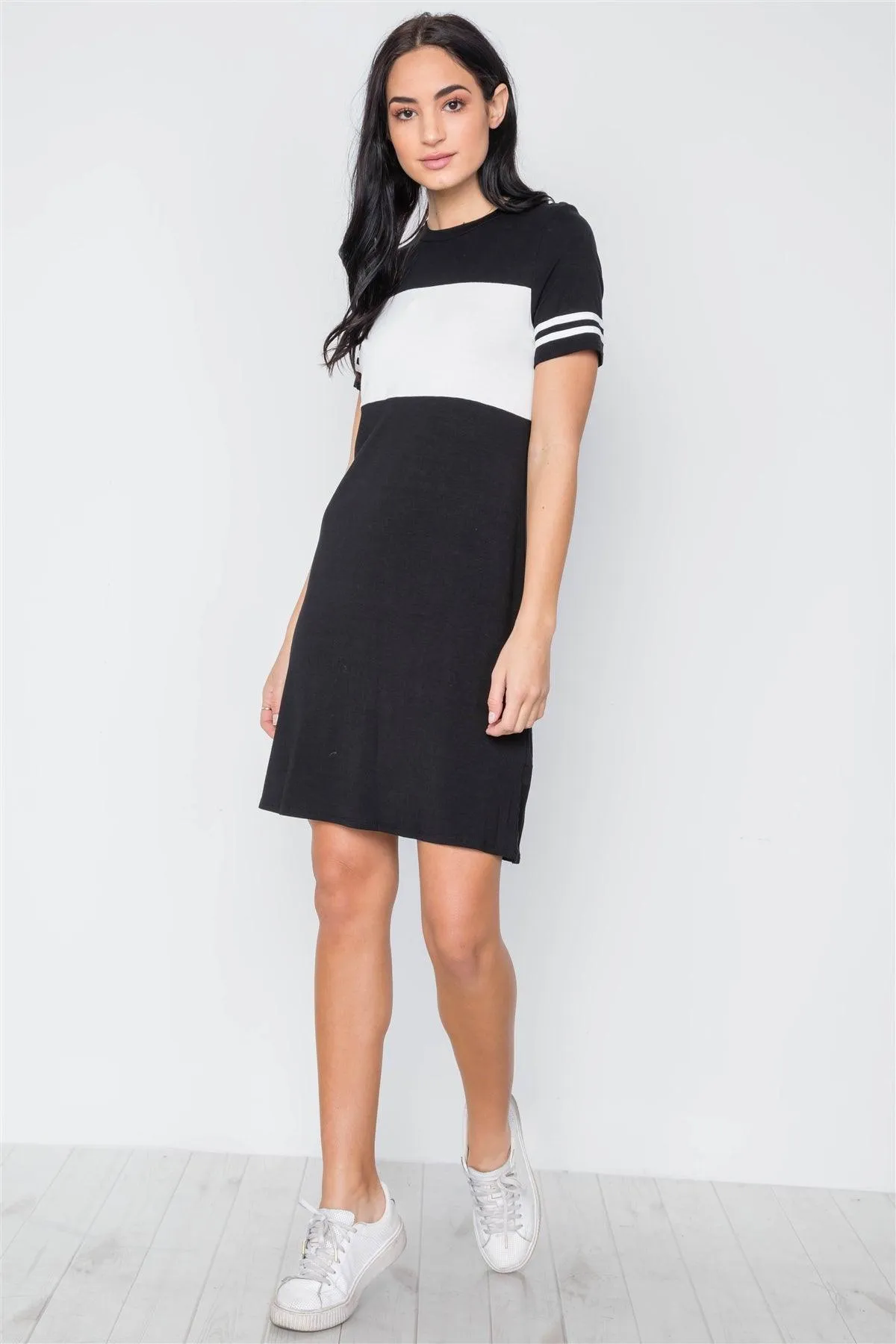 Black Color Block Short Sleeve Sporty Shirt Dress /3-2-1