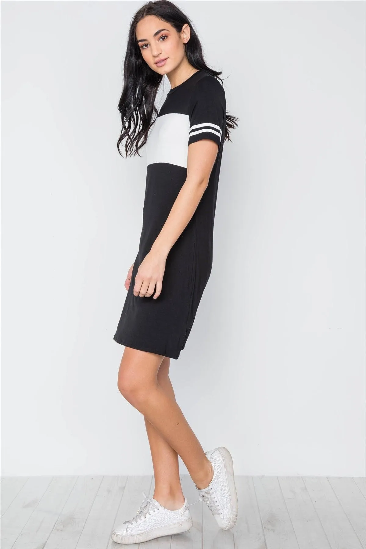 Black Color Block Short Sleeve Sporty Shirt Dress /3-2-1