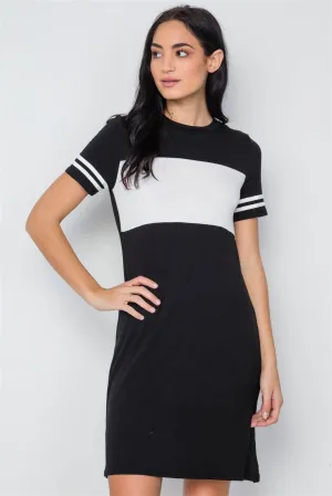 Black Color Block Short Sleeve Sporty Shirt Dress /3-2-1