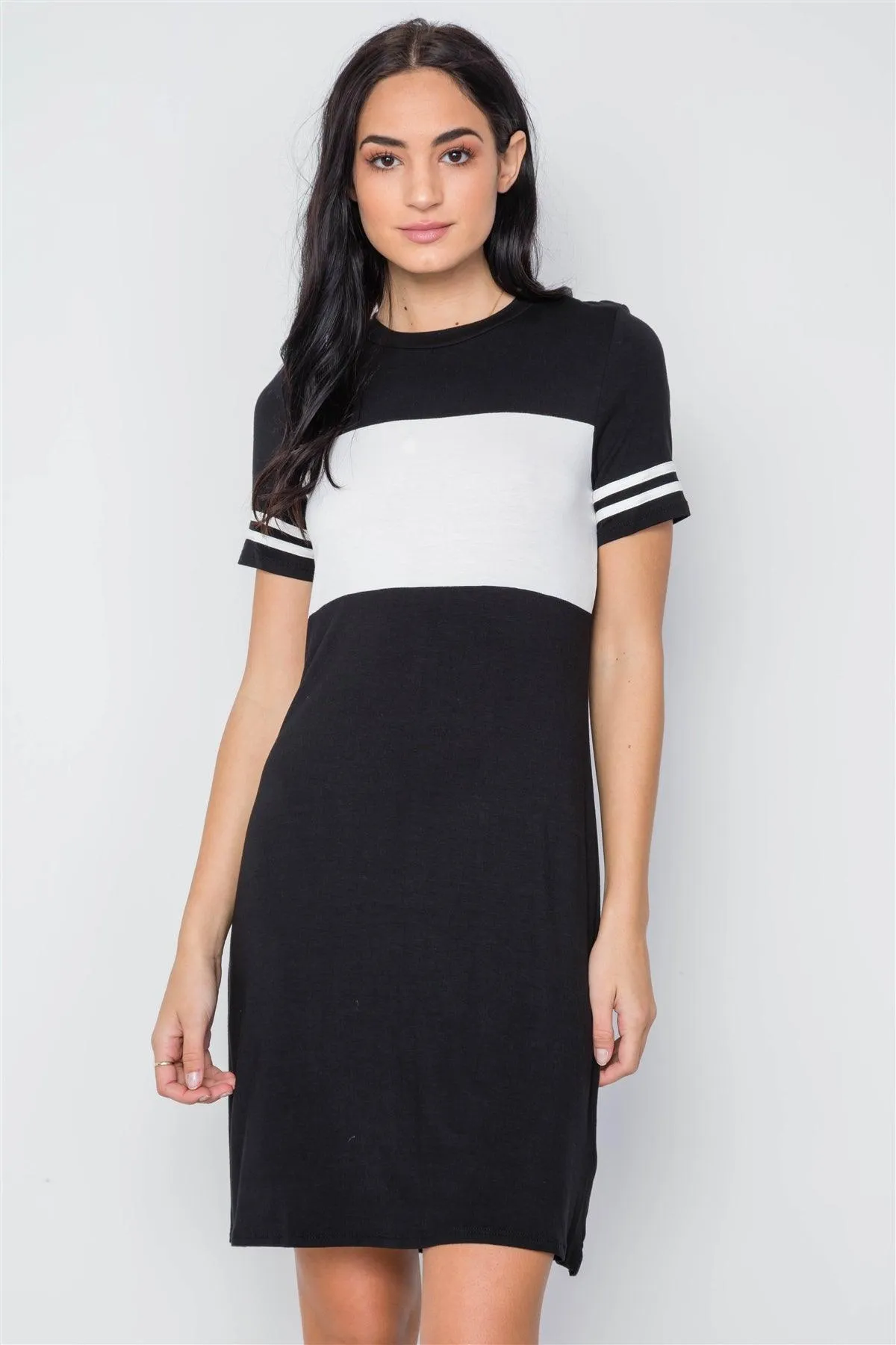 Black Color Block Short Sleeve Sporty Shirt Dress /3-2-1