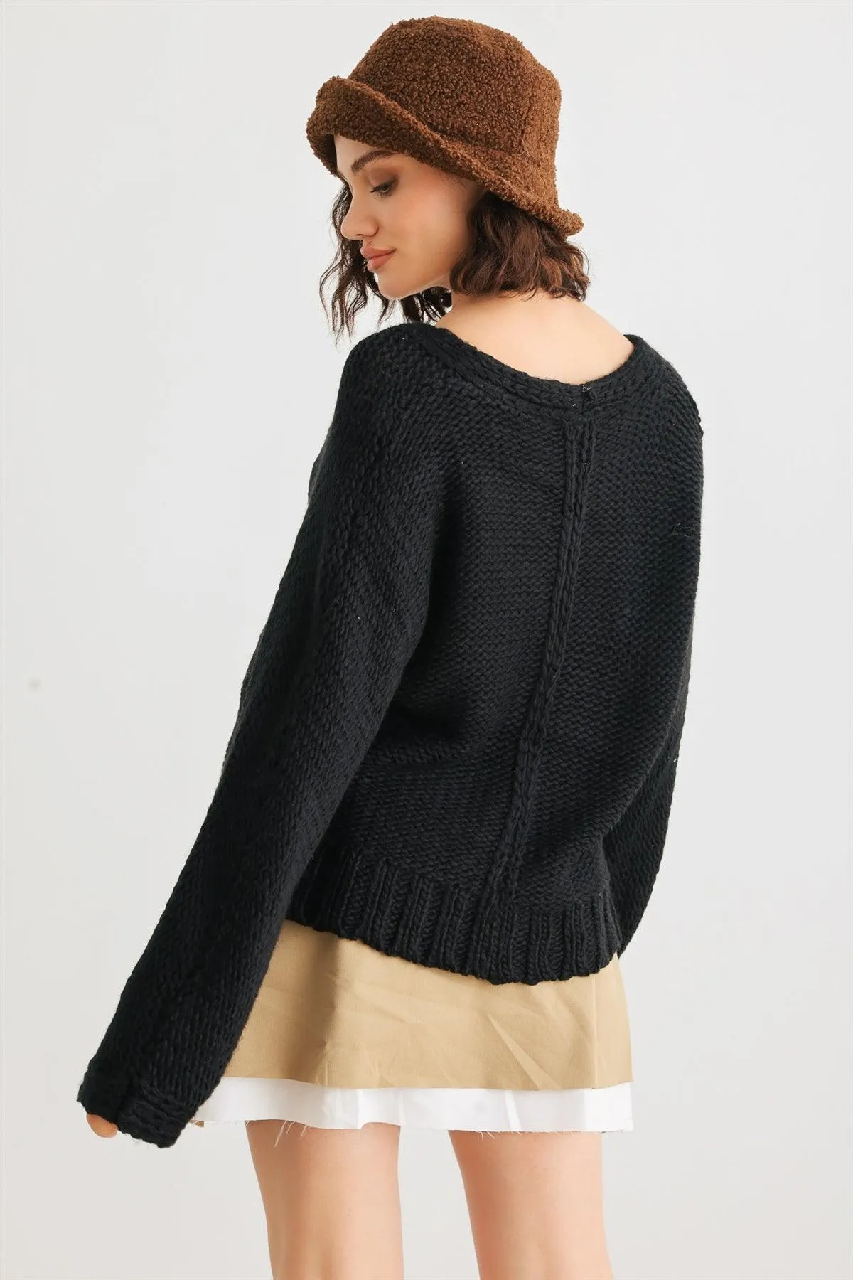 Black Crochet Knit V-Neck Long Sleeve Sweater /2-2-2