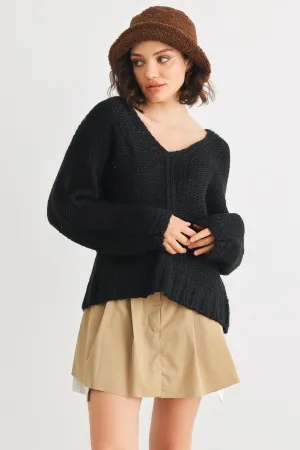 Black Crochet Knit V-Neck Long Sleeve Sweater /2-2-2