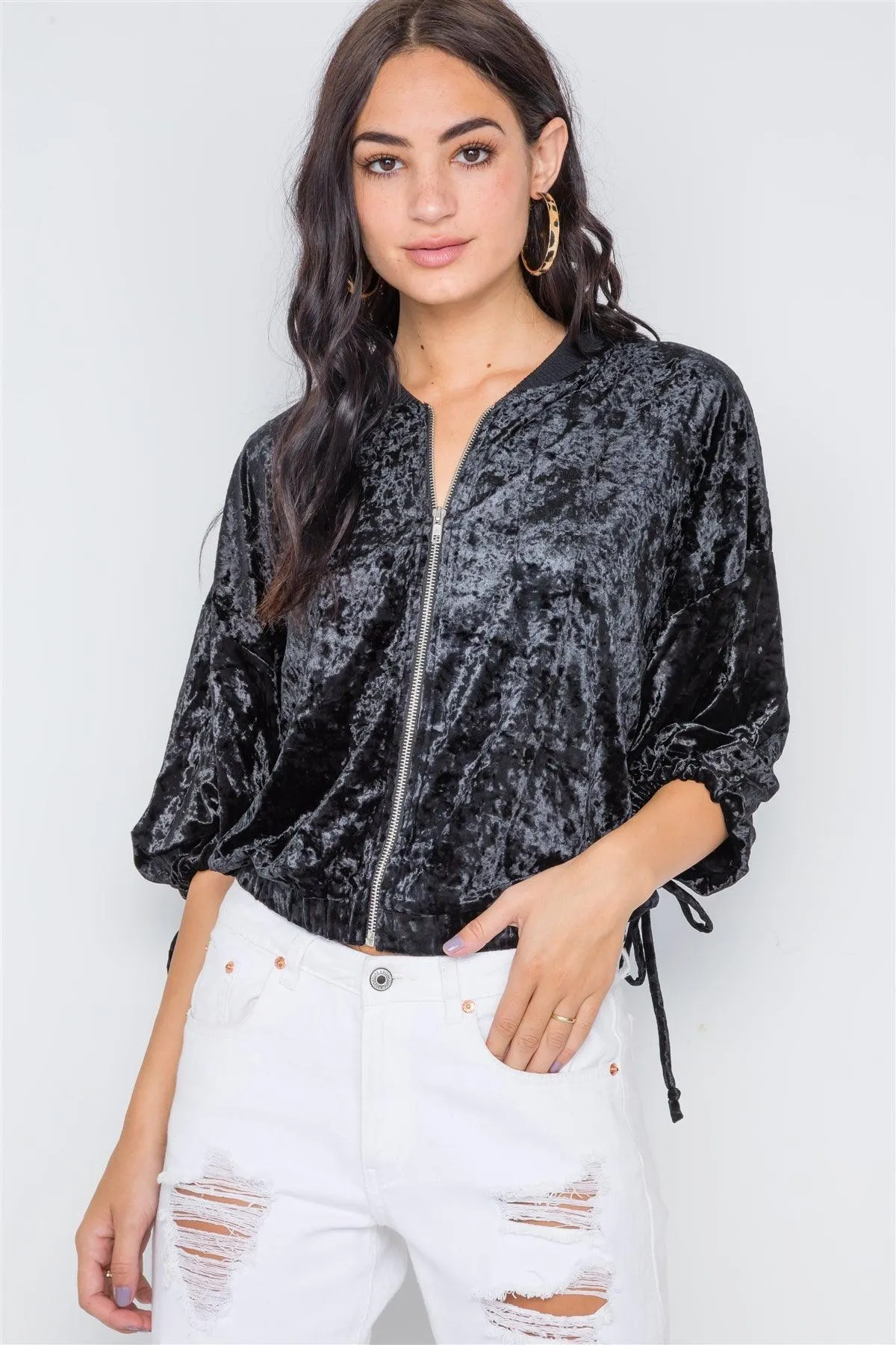 Black Crushed Velvet Zip Up 3/4 Sleeve Sweater /2-2