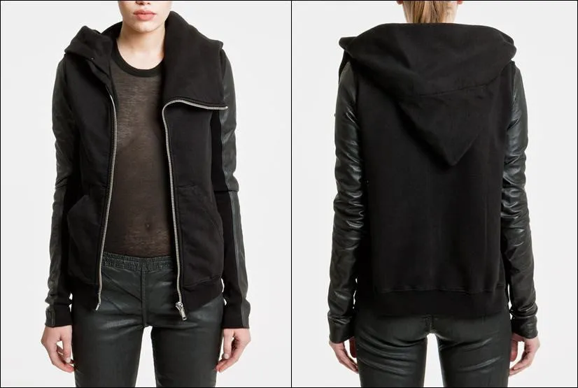 Black Dark Mountain Women Asymmetric Zip Collar Cotton Fleece Hoodie Leather Sleeves Sweatshirt