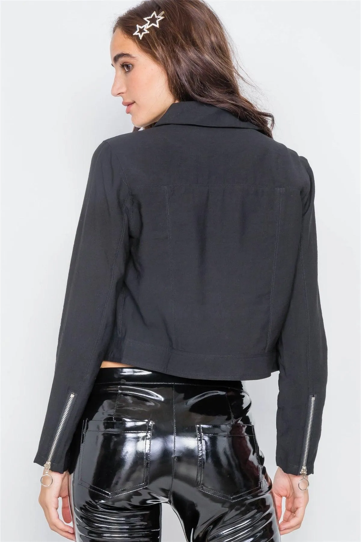 Black Double Zipper Crop Cargo Jacket /2-2-2