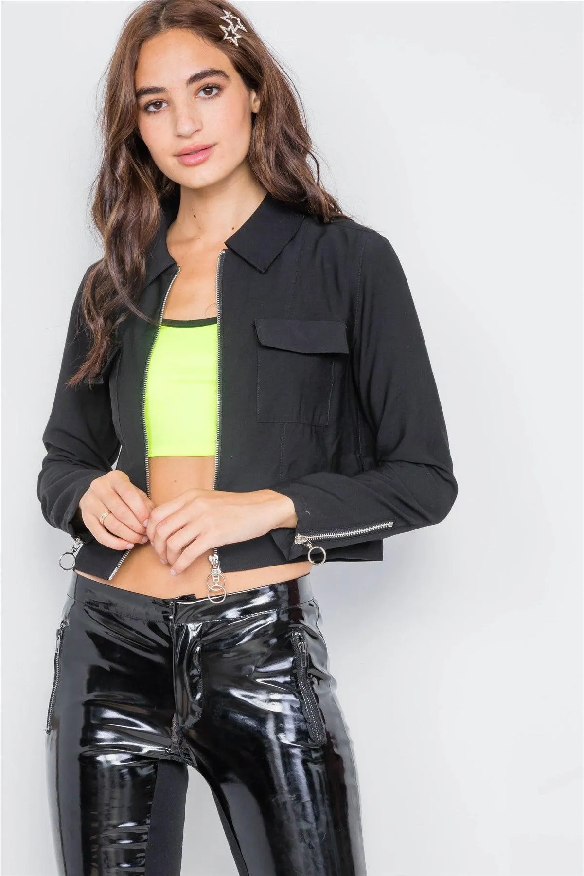 Black Double Zipper Crop Cargo Jacket /2-2-2