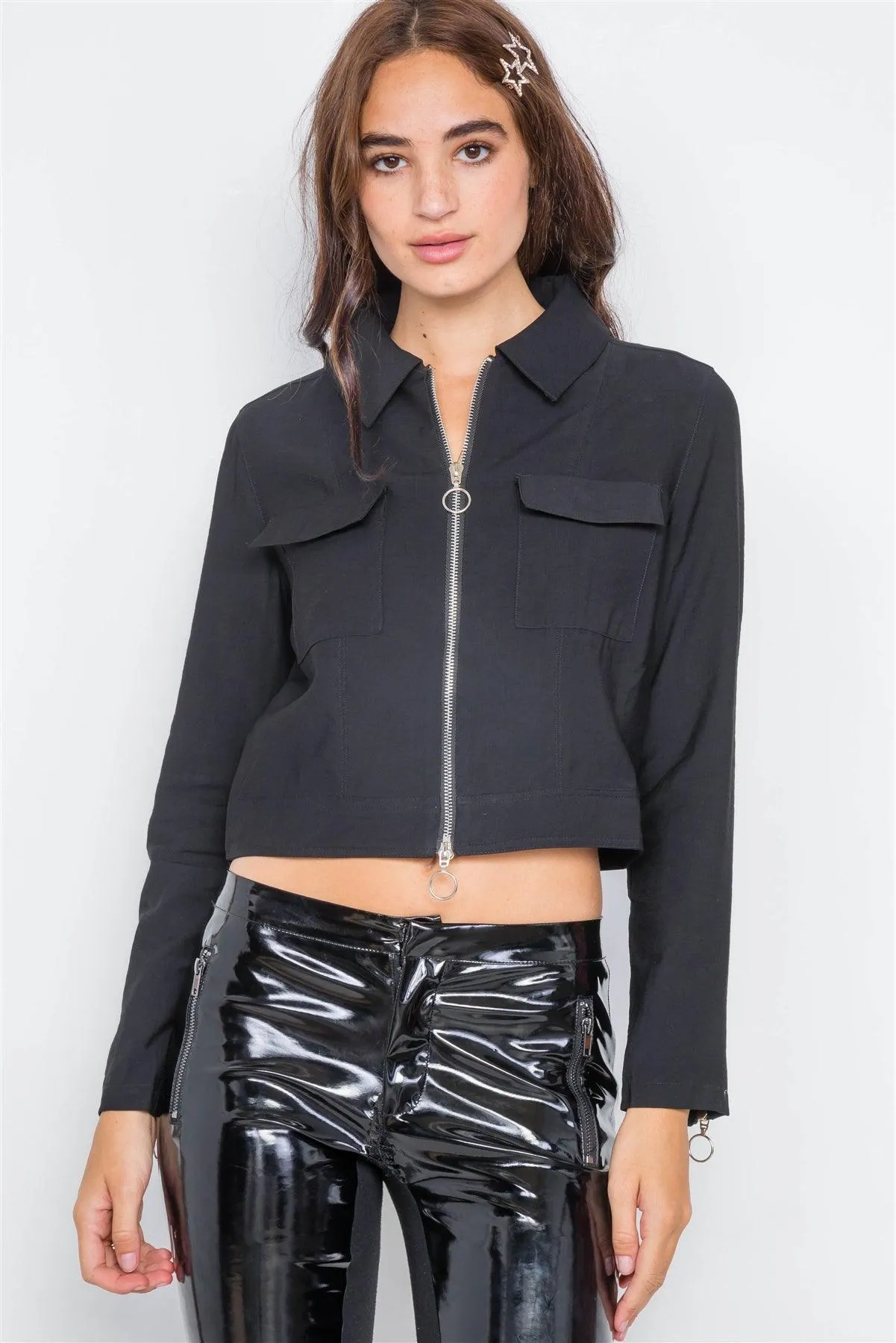 Black Double Zipper Crop Cargo Jacket /2-2-2