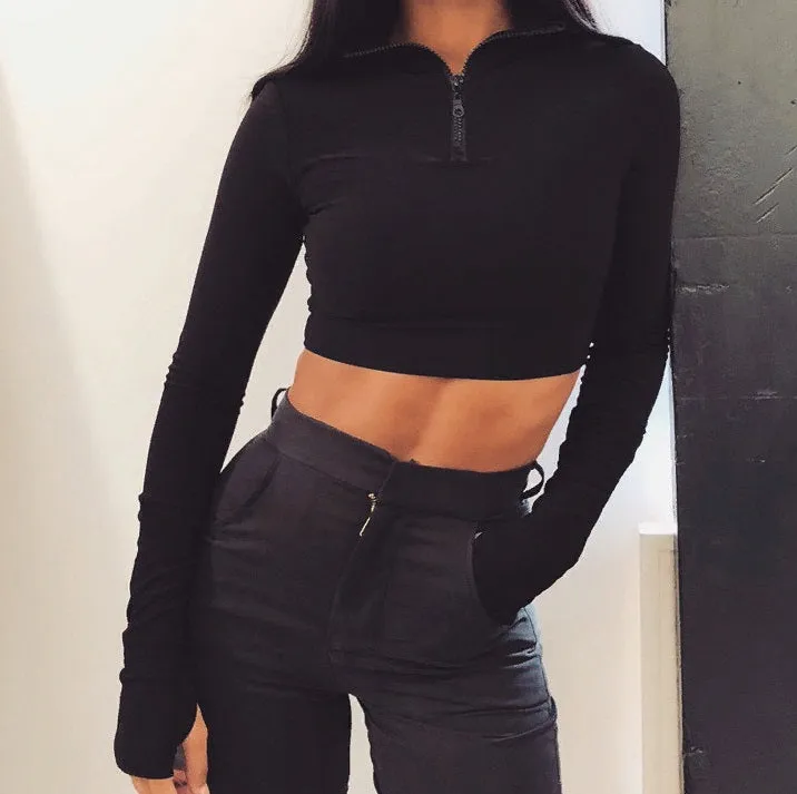 Black Sexy Long Sleeve Elastic Long Sleeve Sexy Crop Tops Skinny Shorts Two Piece Set