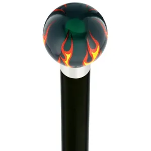 Burst of Flames Green Transparent Round Knob Cane w/ Custom Wood Shaft & Collar