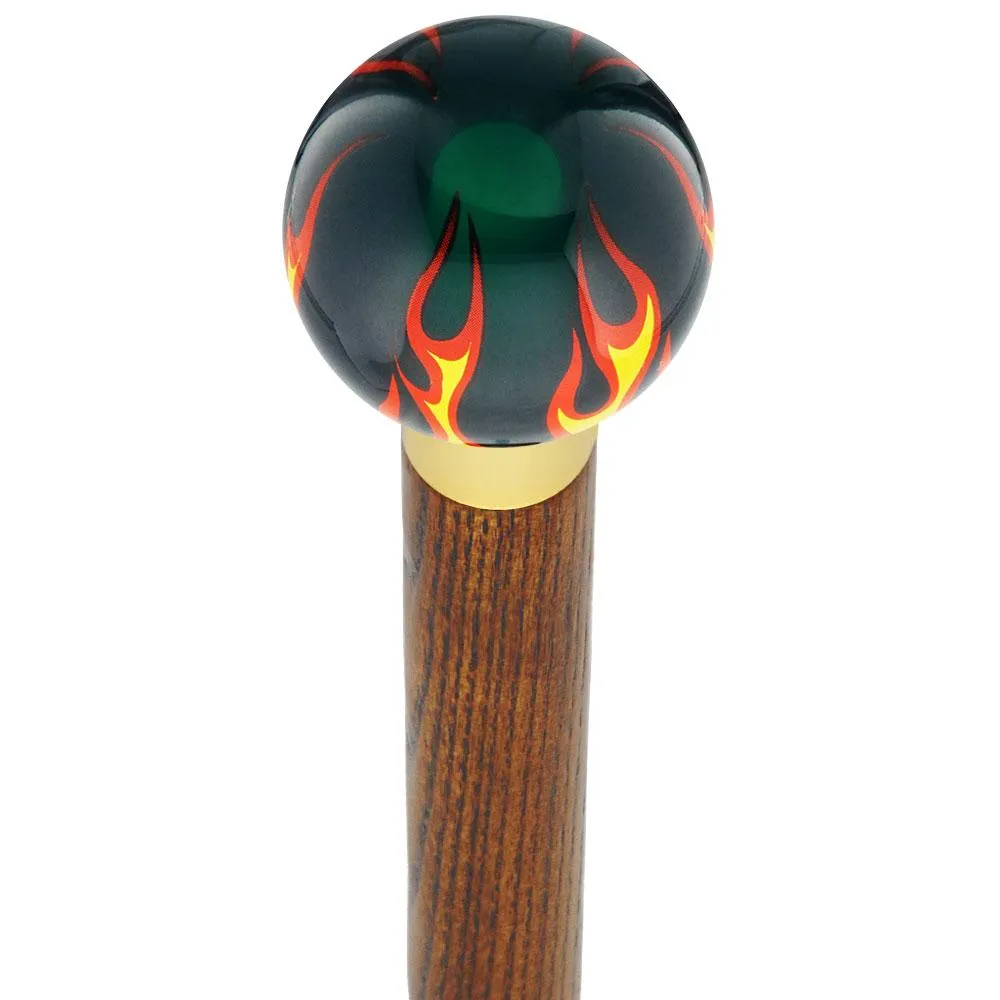 Burst of Flames Green Transparent Round Knob Cane w/ Custom Wood Shaft & Collar