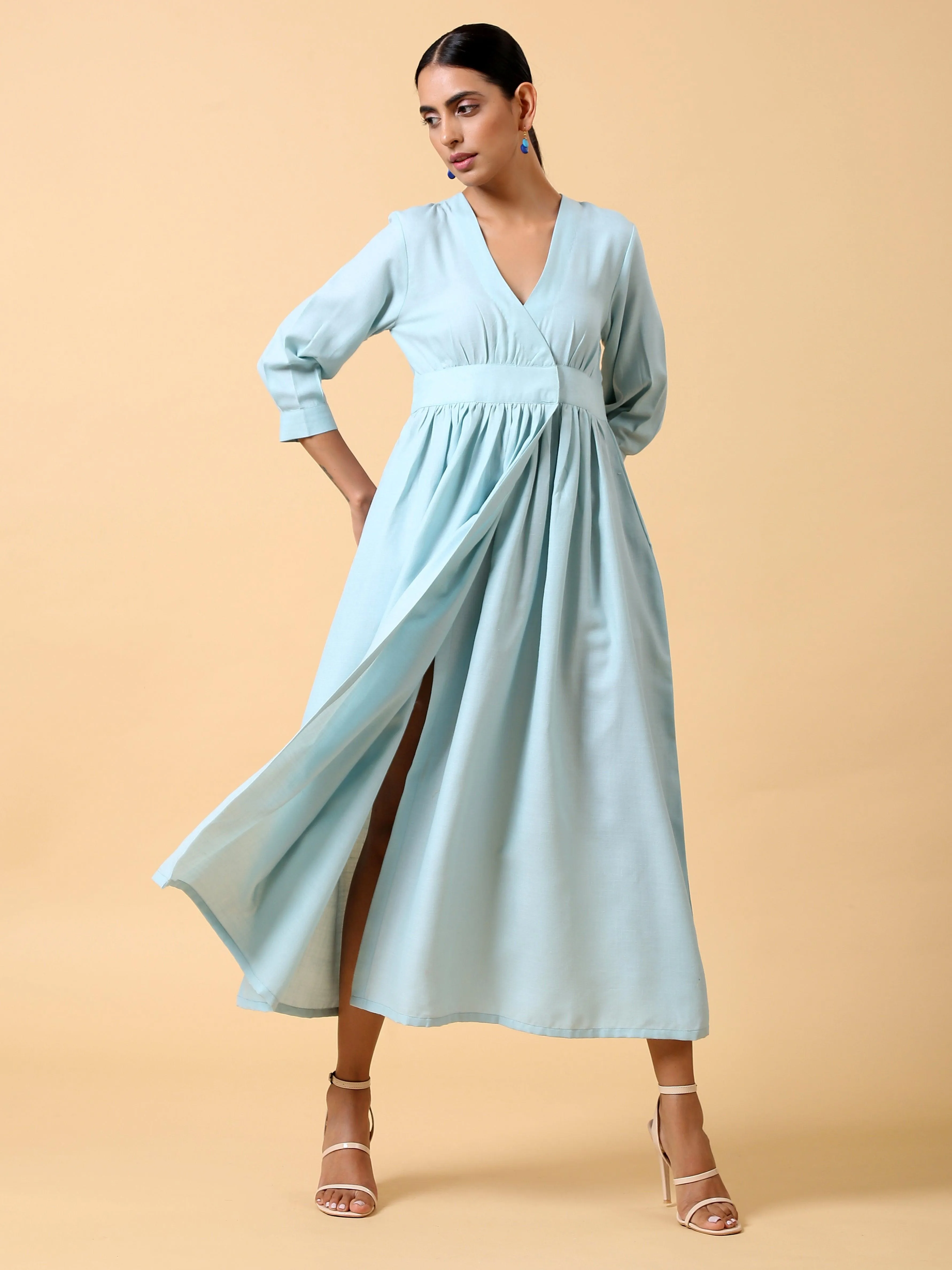 Cotton Linen Light Blue Wrap Dress