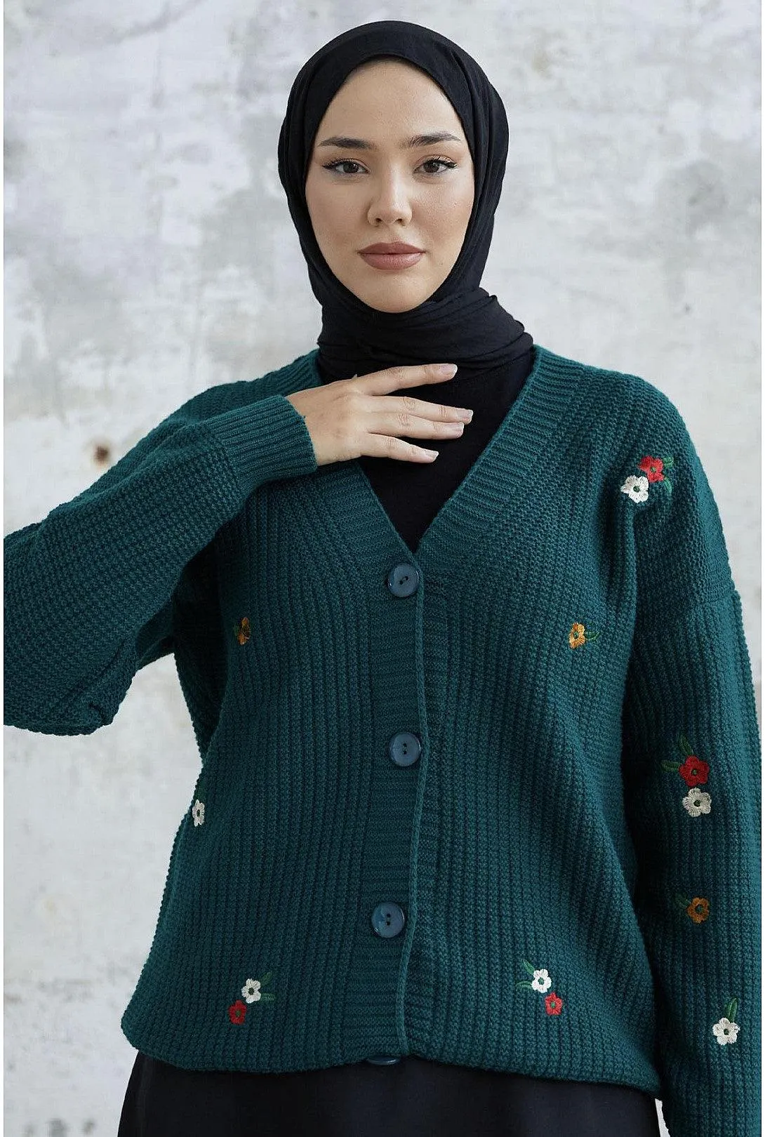 Emerald Green Floral Embroidered Cardigan for Women