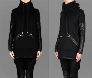 Exclusive Double Knit Zip Tunic With Faux Leather Trim Detail Back Long Hoodie Sweaters