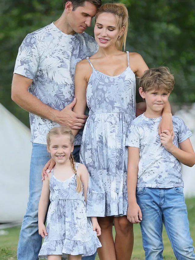 Family Dresses T shirt Family Sets Graphic Leaf Daily Ruched Gray Sleeveless Midi Strap Dress Active Matching Outfits