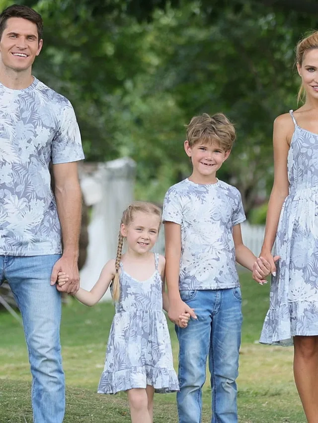 Family Dresses T shirt Family Sets Graphic Leaf Daily Ruched Gray Sleeveless Midi Strap Dress Active Matching Outfits