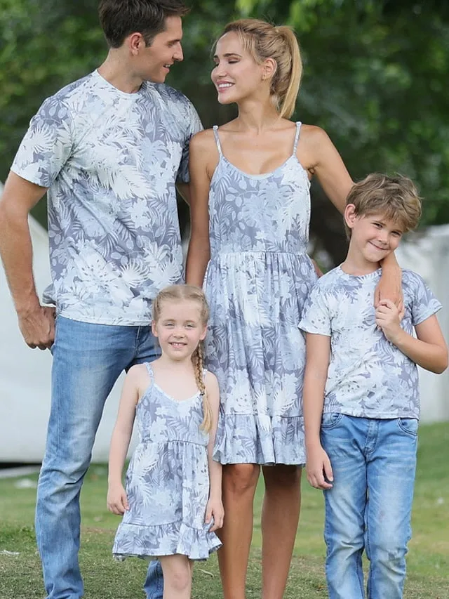 Family Dresses T shirt Family Sets Graphic Leaf Daily Ruched Gray Sleeveless Midi Strap Dress Active Matching Outfits