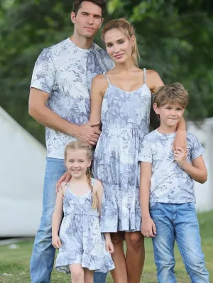 Family Dresses T shirt Family Sets Graphic Leaf Daily Ruched Gray Sleeveless Midi Strap Dress Active Matching Outfits