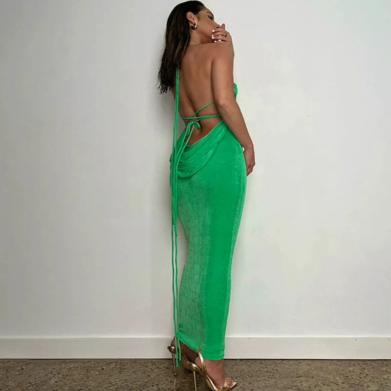 Fashion Women Green Backless Dress Sexy Party Dress