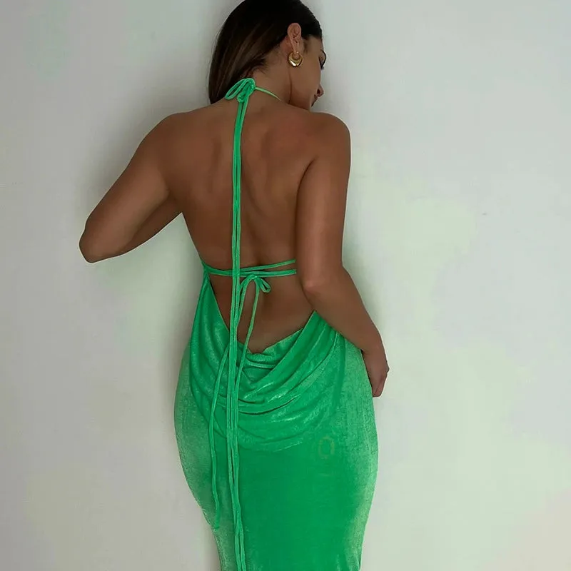 Fashion Women Green Backless Dress Sexy Party Dress