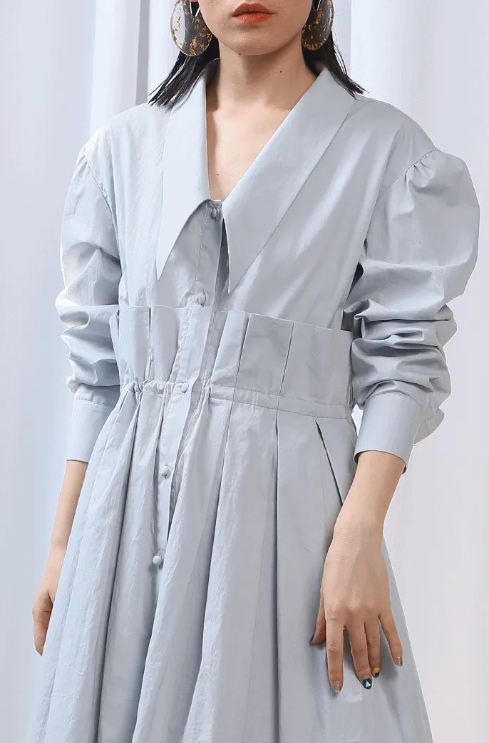 Fresh Cotton Tie Belt Waist Large Loose Pleated Shirt Dress Ruffles Poplin