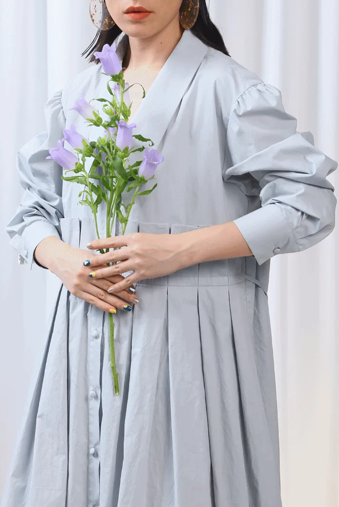 Fresh Cotton Tie Belt Waist Large Loose Pleated Shirt Dress Ruffles Poplin