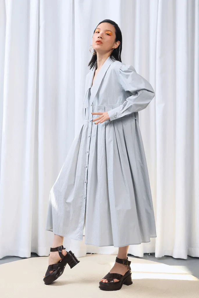 Fresh Cotton Tie Belt Waist Large Loose Pleated Shirt Dress Ruffles Poplin