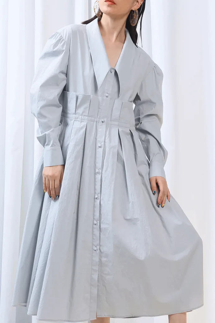 Fresh Cotton Tie Belt Waist Large Loose Pleated Shirt Dress Ruffles Poplin