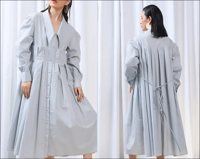 Fresh Cotton Tie Belt Waist Large Loose Pleated Shirt Dress Ruffles Poplin