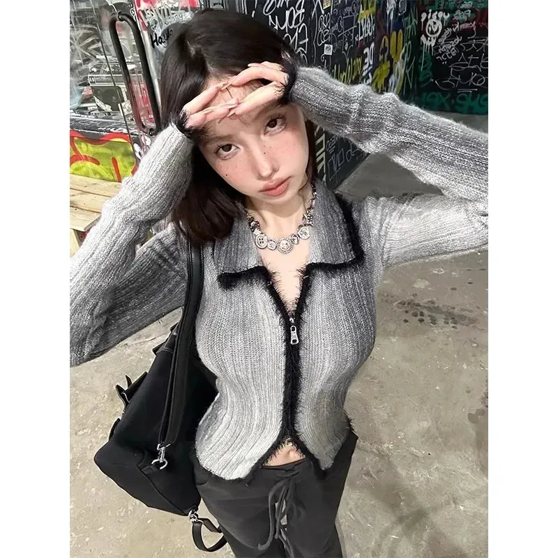 Girlary Gothic Sweater Women Knitted Grey Tie Dye Cardigan Patchwork Y2k Vintage Tops Streetwear Korean Style Autumn Winter Sweater