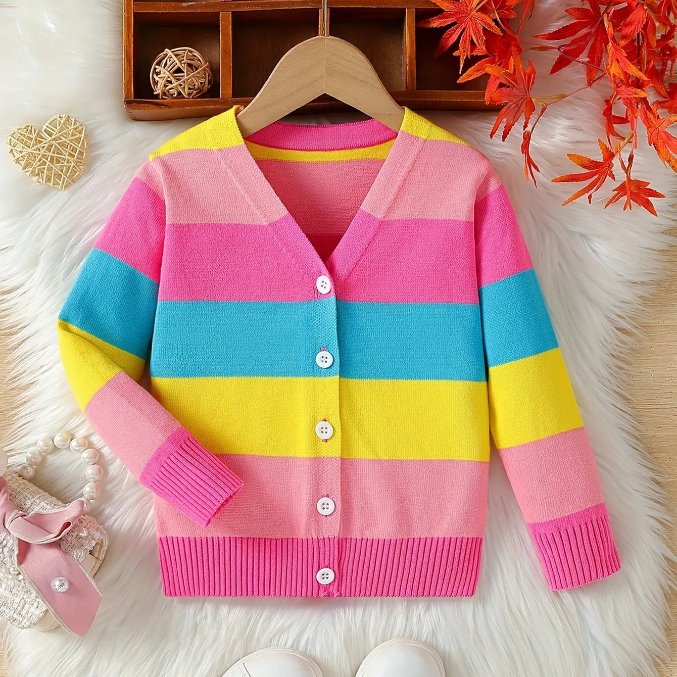 Girls’ Rainbow Knit Cardigan | Stylish Thin Sweater for Spring