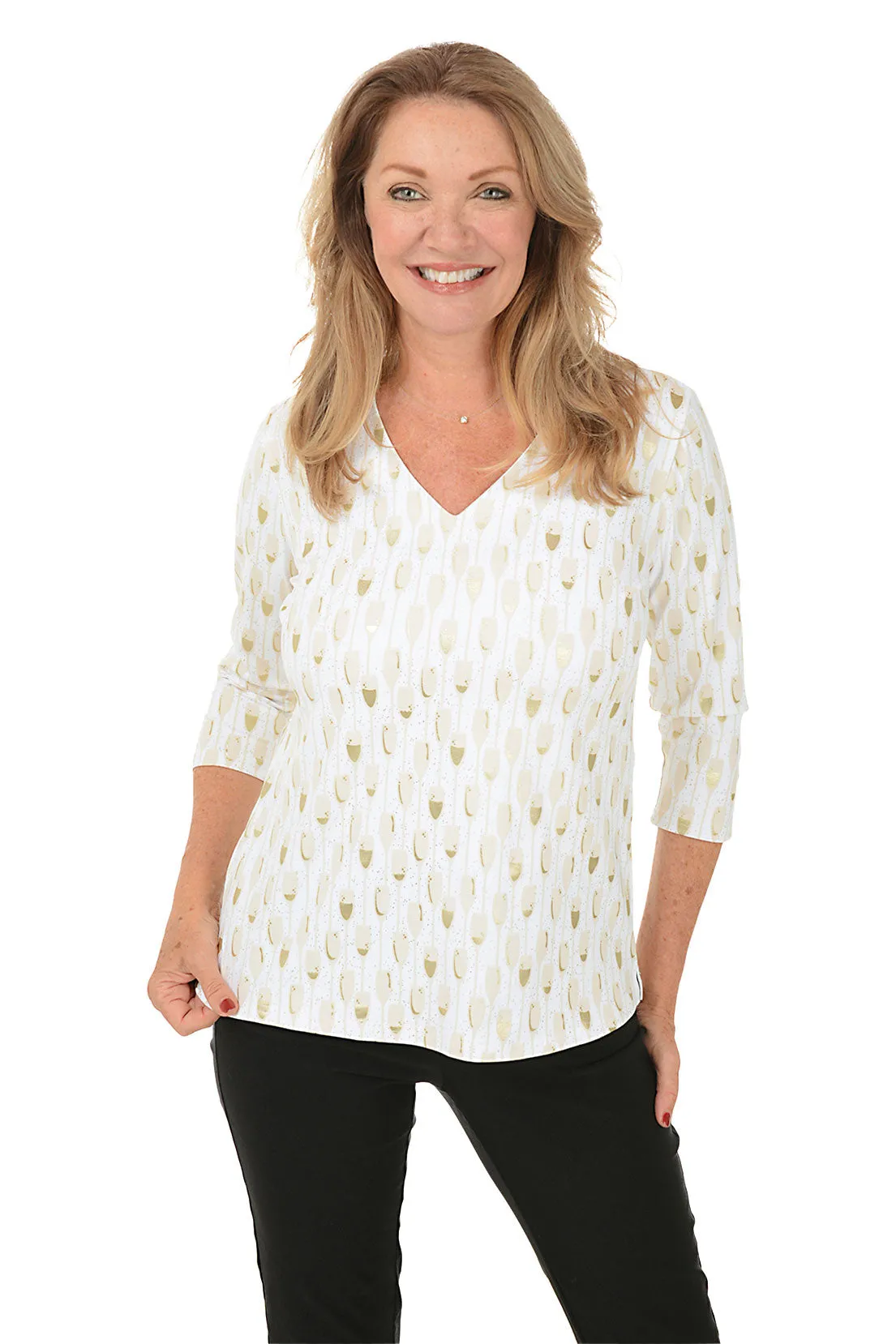 Gold Champagne Flutes Classic UPF50  V-Neck Top