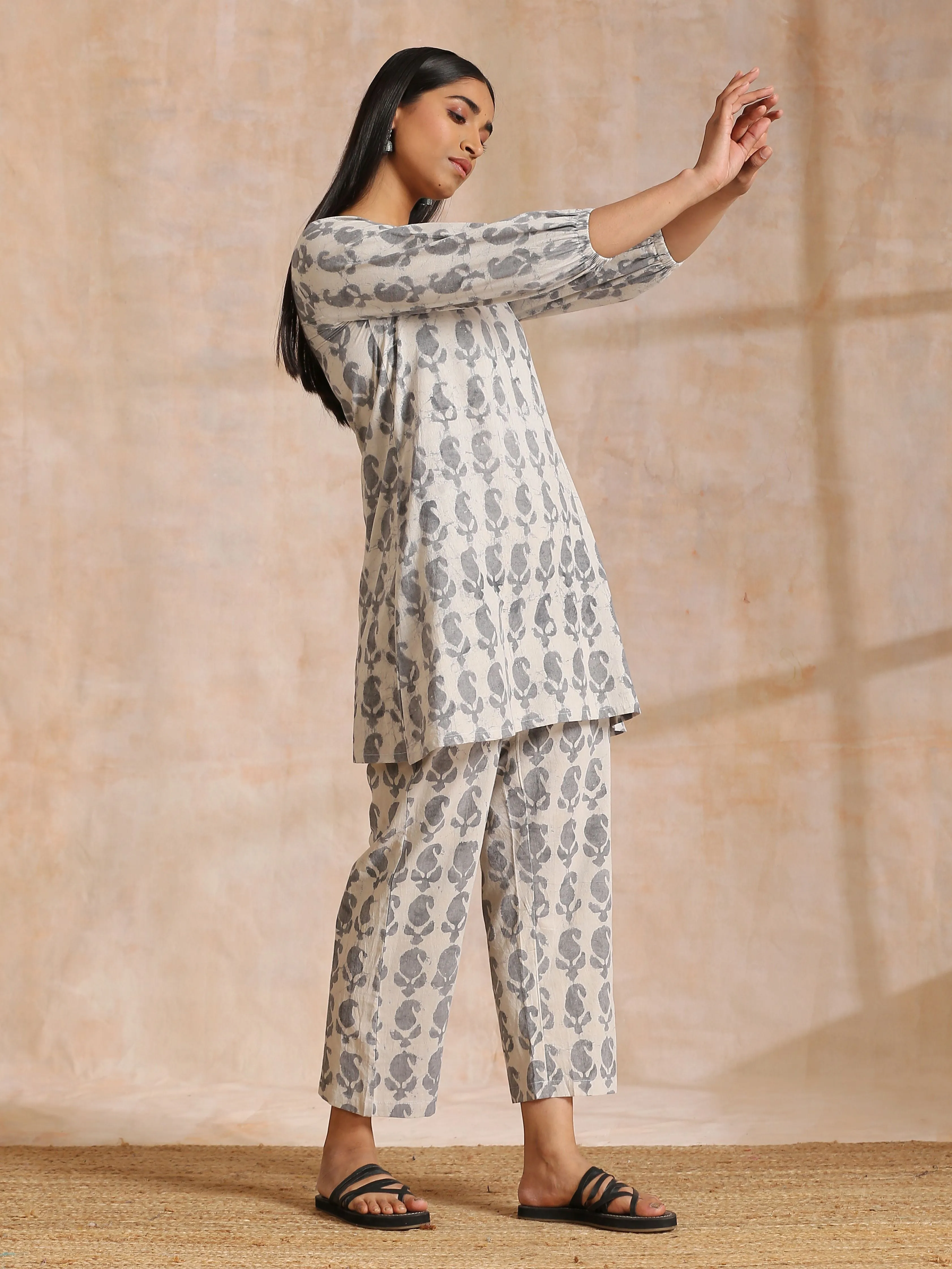 Grey Dabu Buta Print Cotton V-Square Neck Co-Ord Set | Relove