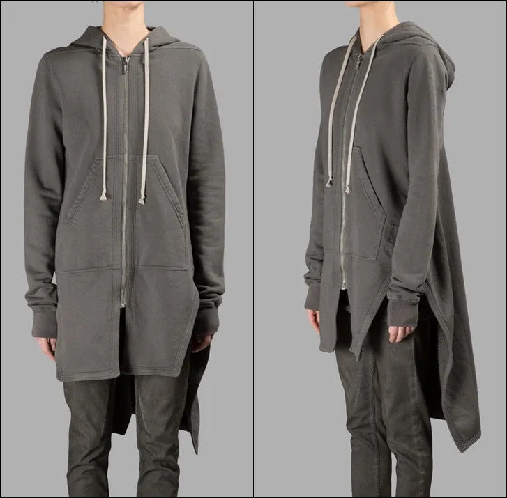 Grey Long Hoodie /Zip Closure  /Two Side Pockets /  Asymmetric Raw Cut Sleeve Seam