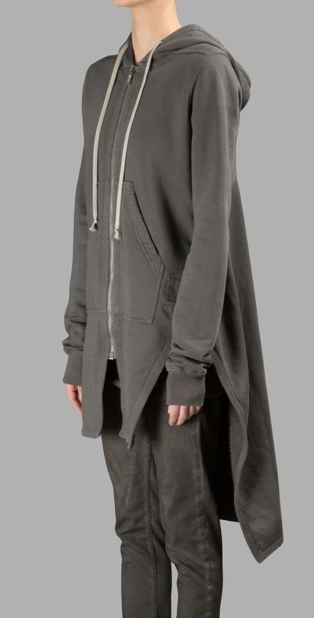 Grey Long Hoodie /Zip Closure  /Two Side Pockets /  Asymmetric Raw Cut Sleeve Seam